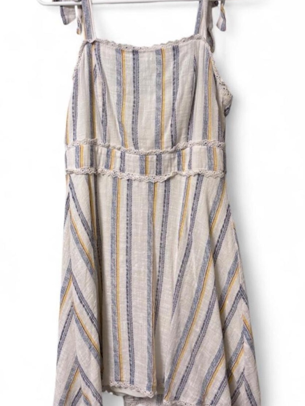 Altar'd State Cream Striped Tie-Shoulder Dress with Blue & Yellow Accents